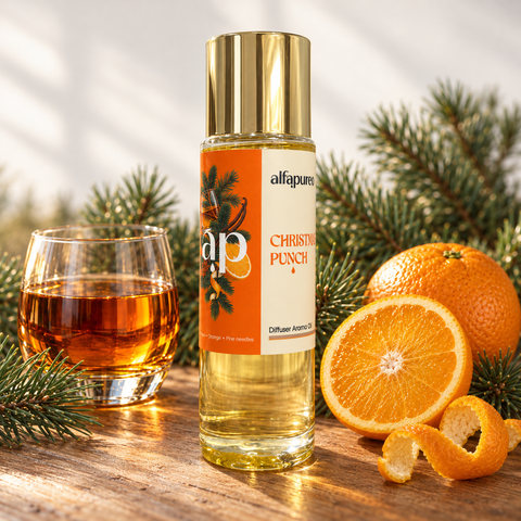 Aroma olej Christmas Punch AlfaPureo s pohárom rumu, pomarančom a ihličím na drevenom stole.