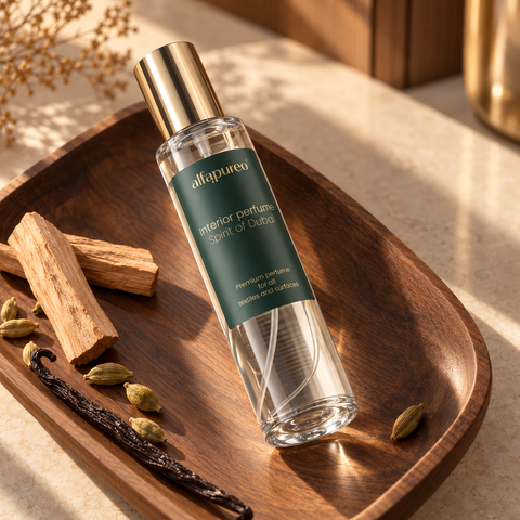 Spirit of Dubai, textilný a bytový sprej 200 ml na drevenom podnose s prvkami santalového dreva, kardamónu a vanilky.