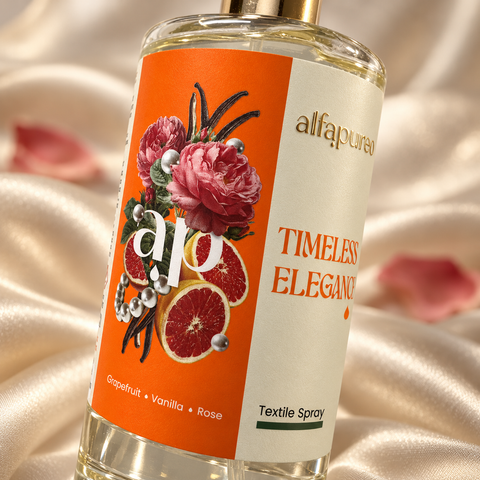 A Timeless Elegance AlfaPureo címkéjének részlete domború arany logóval, rózsával, grapefruittal és vaníliával, selyemháttér előtt